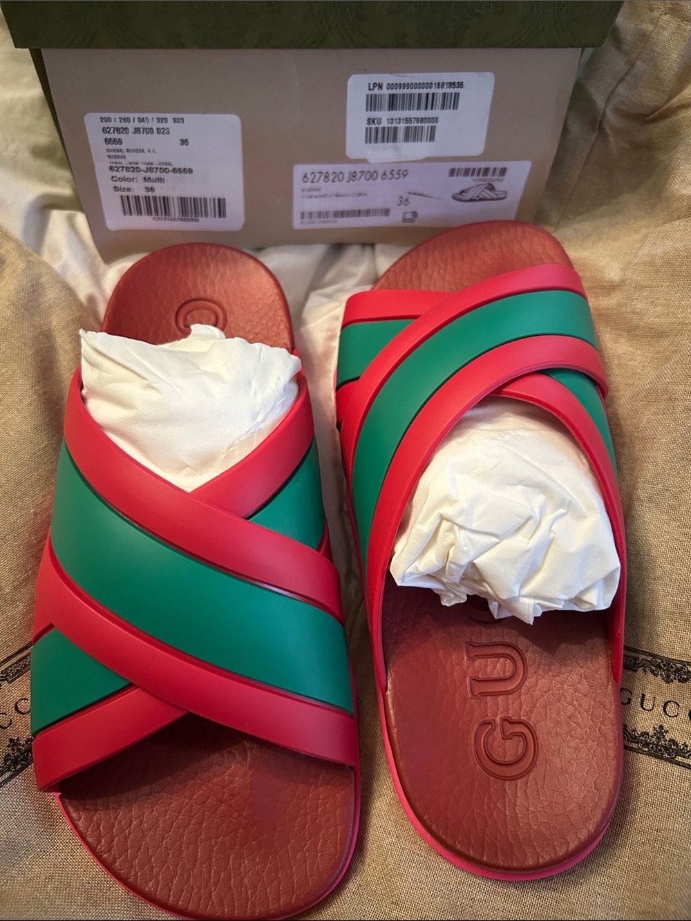 Gucci Green and Red Crisscross Rubber Slide Sandals NWT